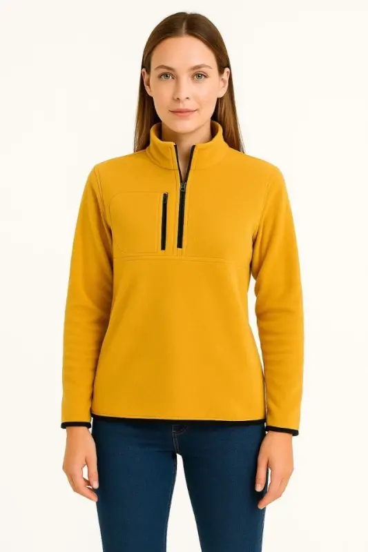 Polar Kazak – Dik Yaka, Yarım Fermuarlı, Fermuarlı Göğüs Cepli, Siyah Biyeli, Kışlık Rahat Regular Fit Günlük Model - Sarı - 4