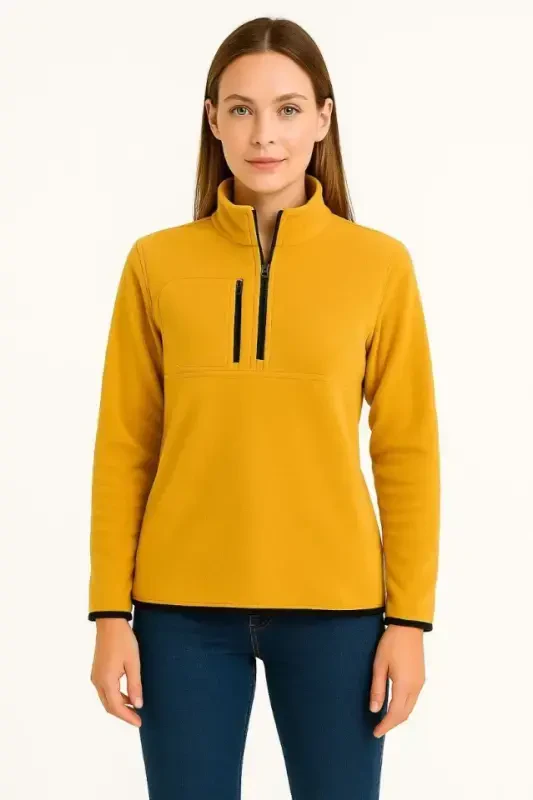 Polar Ko'ylak - Tik yoqa, yarim fermuarli, fermuarli ko'krak cho'ntakli, qora bezakli, qishki qulay regular fit kundalik model - Sariq - 4