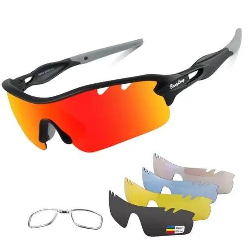 Polarized Sports Sunglasses Cycling Sun Glasses for Men Women with 5 Interchangeable Lenses for Running Baseball Golf Driving 