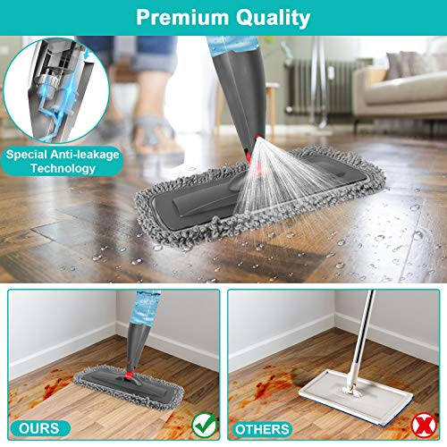 Polda tozalash uchun purkagichli mop 3 dona yuviladigan yostiq bilan - oshxona yog'och pol laminat keramik plitkali pol changini tozalash uchun 800 ml to'ldiriladigan shishali nam quruq mikrofiber mop - 3