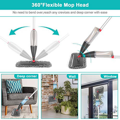 Polda tozalash uchun purkagichli mop 3 dona yuviladigan yostiq bilan - oshxona yog'och pol laminat keramik plitkali pol changini tozalash uchun 800 ml to'ldiriladigan shishali nam quruq mikrofiber mop - 4