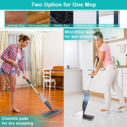 Polda tozalash uchun purkagichli mop 3 dona yuviladigan yostiq bilan - oshxona yog'och pol laminat keramik plitkali pol changini tozalash uchun 800 ml to'ldiriladigan shishali nam quruq mikrofiber mop - 5