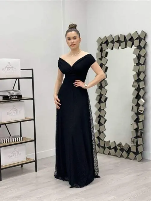 Polka Dot Detailed Boat Neck Dress - BLACK - BÜYÜKBEDENIZ