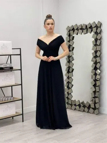 Polka Dot Detailed Boat Neck Dress - BLACK - BÜYÜKBEDENIZ (1)