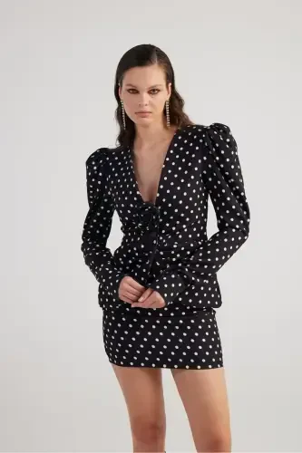 Polka Dot Rose Accessory Watermelon Sleeve Blazer Wilma Jacket Black - 2