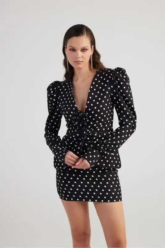 Polka Dot Rose Accessory Watermelon Sleeve Blazer Wilma Jacket Black - 2