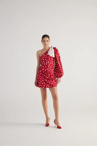 Polka Dot Single Sleeve Mini Polka Dress Red-Red with Detachable Ribbon Accessory - 1