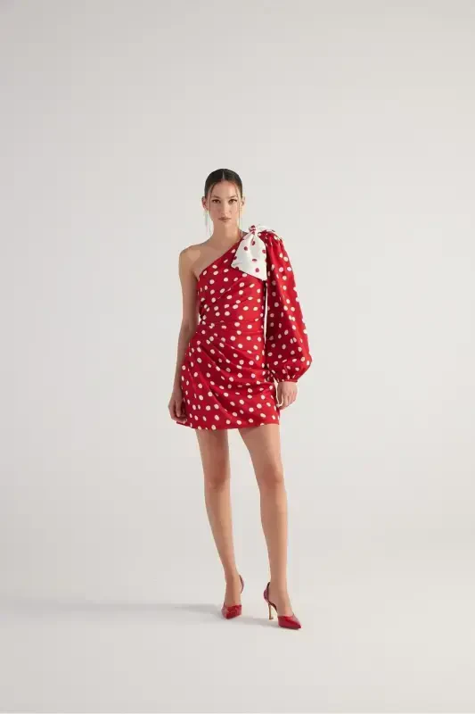 Polka Dot Single Sleeve Mini Polka Dress Red-Red with Detachable Ribbon Accessory - 1