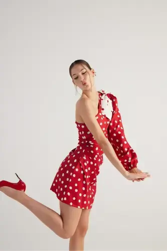 Polka Dot Single Sleeve Mini Polka Dress Red-Red with Detachable Ribbon Accessory - 2