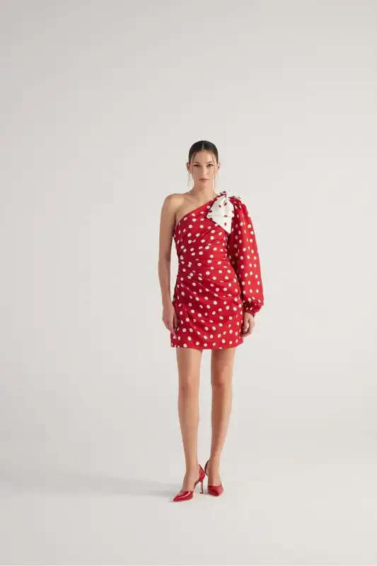 Polka Dot Single Sleeve Mini Polka Dress Red-Red with Detachable Ribbon Accessory - 6
