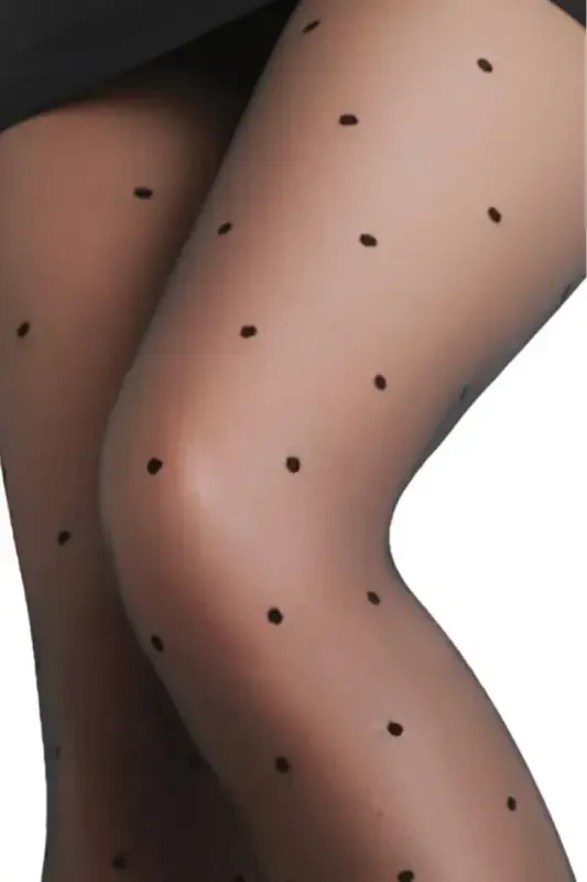 Polka dot, Style Black. Thinner than 15. Patterned black tights. Durable toe, cotton gusset PANTYHOSE-Polka dot Black - 6