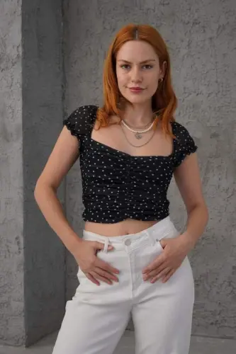 Polka Dot Waist-Fitted Tulle Black Blouse - 1