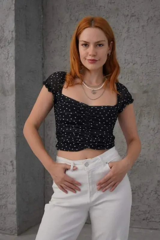 Polka Dot Waist-Fitted Tulle Black Blouse - 1