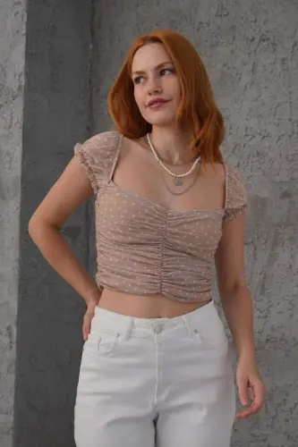 Polka Dot Waist-Fitted Tulle Cream Blouse - 1