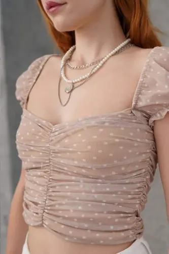 Polka Dot Waist-Fitted Tulle Cream Blouse - BÜYÜKBEDENIZ (1)