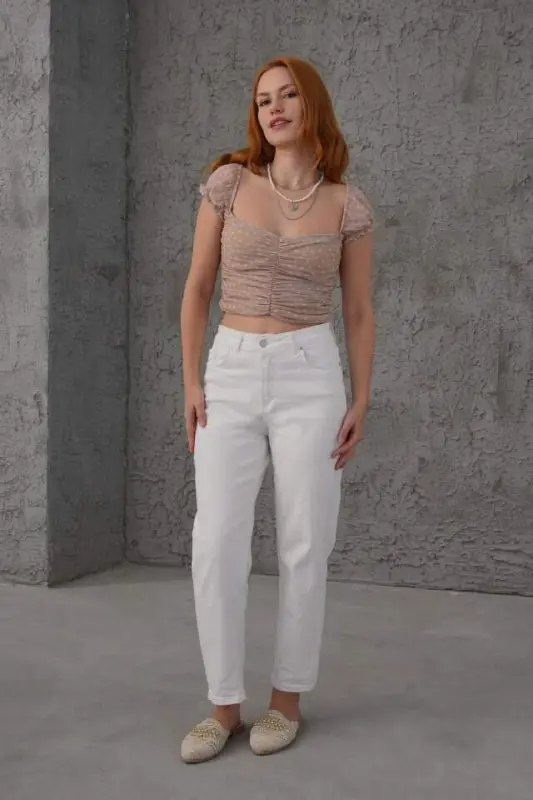 Polka Dot Waist-Fitted Tulle Cream Blouse - 3