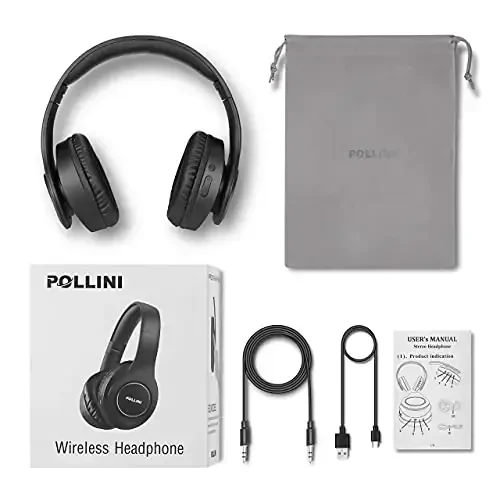 pollini Bluetooth Headphones Wireless, 40H Playtime Foldable Over Ear Headphones with Microphone, Deep Bass Stereo Headset with Soft Memory-Protein Earmuffs for Phone/PC (Black) - 1