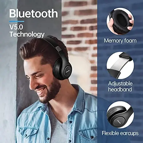pollini Bluetooth Headphones Wireless, 40H Playtime Foldable Over Ear Headphones with Microphone, Deep Bass Stereo Headset with Soft Memory-Protein Earmuffs for Phone/PC (Black) - 5
