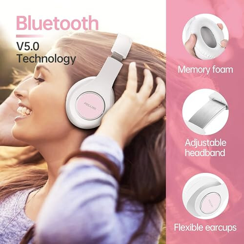 Pollini Bluetooth Kulaklıklar Kablosuz, 40 Saat Oynatma Süresi Katlanabilir Kulak Üstü Kulaklıklar Mikrofonlu, Derin Bas Stereo Kulaklık Yumuşak Hafıza Proteini Kulaklıklar Telefon/Bilgisayar için (Beyaz) - 3