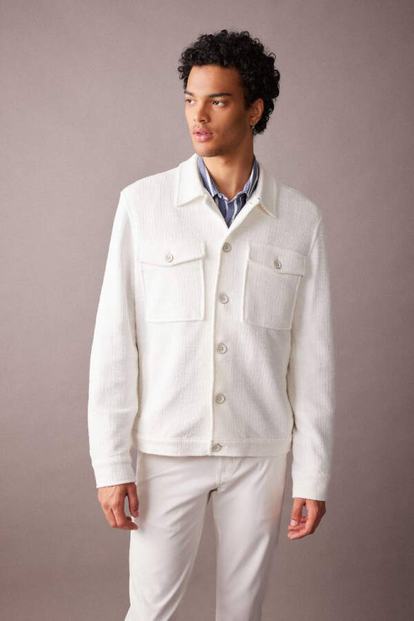 Polo Collar Jacket Coat Buttoned Seasonable Lightweight Off White - 3