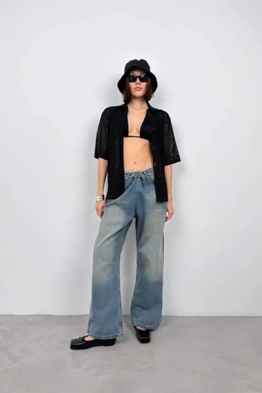 Polo Collar Mesh Blouse - BÜYÜKBEDENIZ