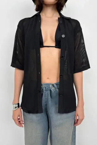 Polo Collar Mesh Blouse - 3