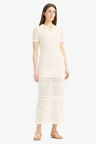 Polo Collar Short Sleeve Lace Maix Dress-Ecru - 1