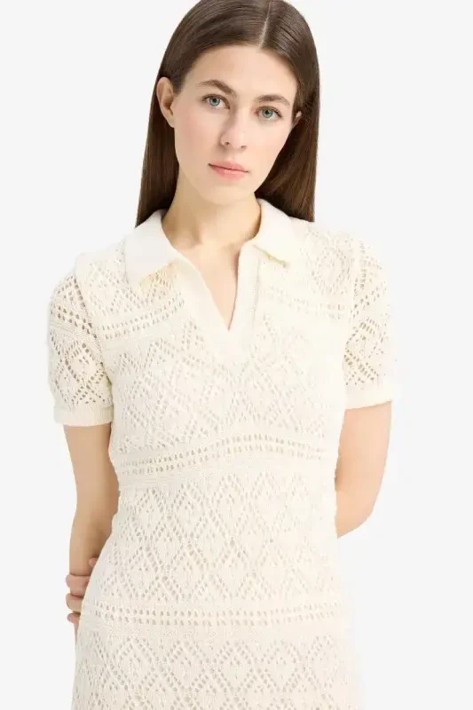 Polo Collar Short Sleeve Lace Maix Dress-Ecru - 4