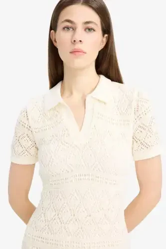 Polo Collar Short Sleeve Lace Maix Dress-Ecru - 5