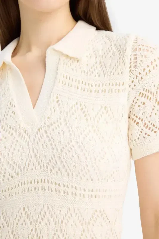 Polo Collar Short Sleeve Lace Maix Dress-Ecru - 6