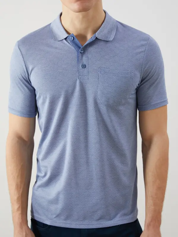 Polo Collar Short Sleeve Men's T-Shirt-Blue - 3