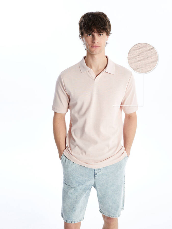 Polo Collar Short Sleeve Men's Textured T-Shirt-Pink - 1