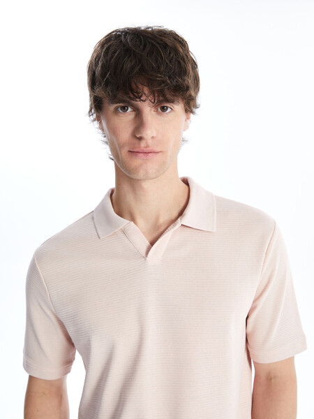 Polo Collar Short Sleeve Men's Textured T-Shirt-Pink - 3