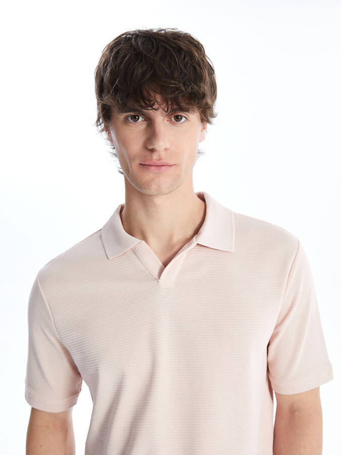 Polo Collar Short Sleeve Men's Textured T-Shirt-Pink - 3