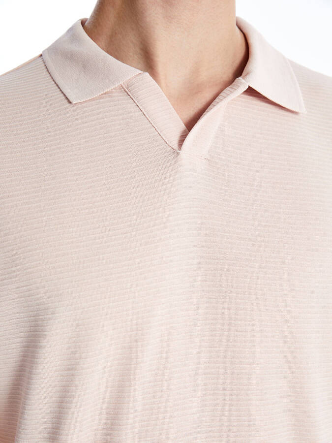 Polo Collar Short Sleeve Men's Textured T-Shirt-Pink - 4