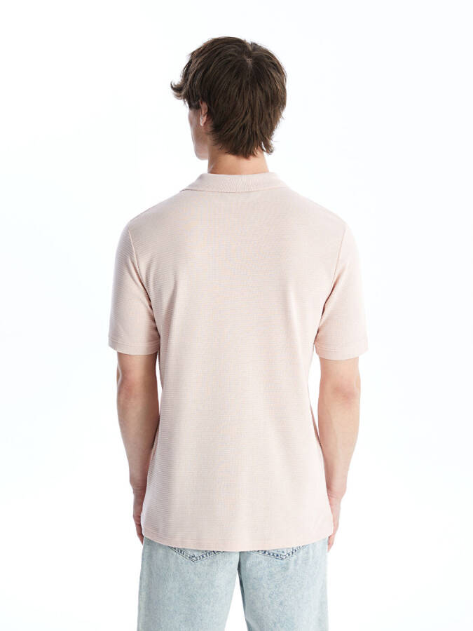 Polo Collar Short Sleeve Men's Textured T-Shirt-Pink - 5