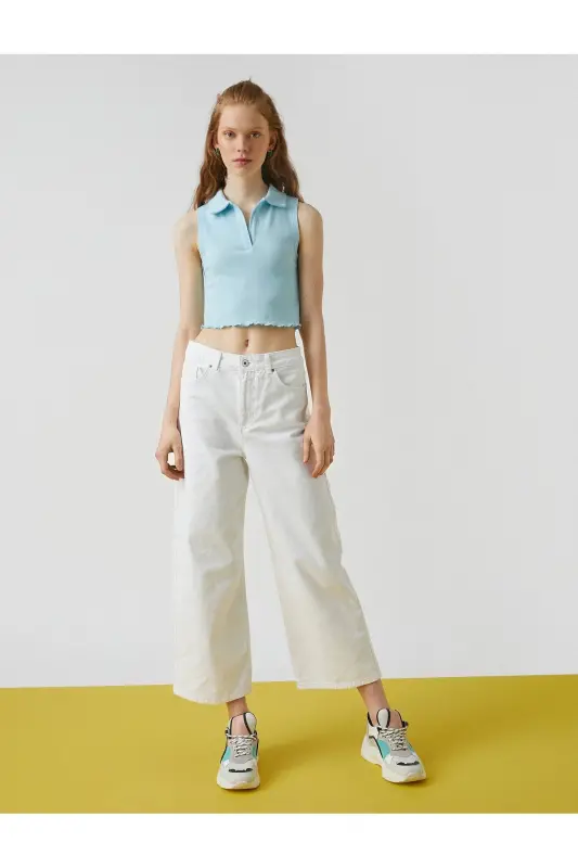 Polo Collar Sleeveless Cotton Crop Tank Top - 2