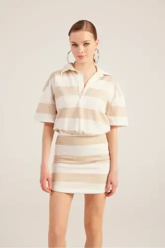 Polo Collar Striped Mini Pamela Dress Beige-Beige - 2