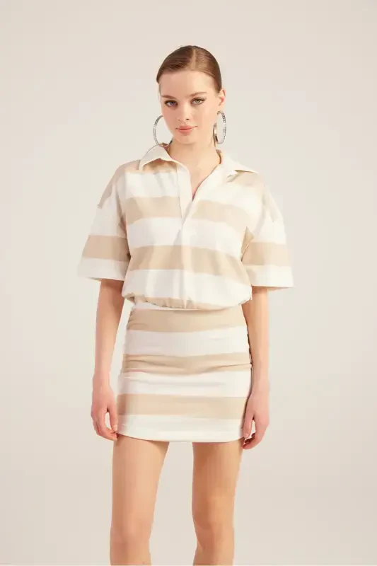 Polo Collar Striped Mini Pamela Dress Beige-Beige - 2