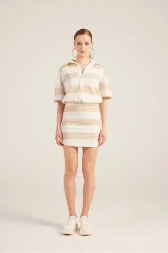 Polo Collar Striped Mini Pamela Dress Beige-Beige - 3