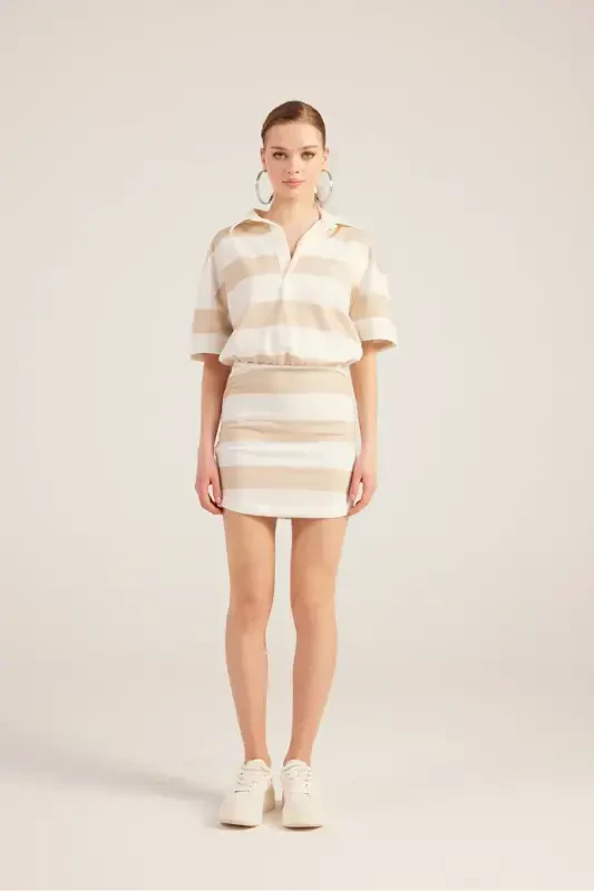 Polo Collar Striped Mini Pamela Dress Beige-Beige - 3