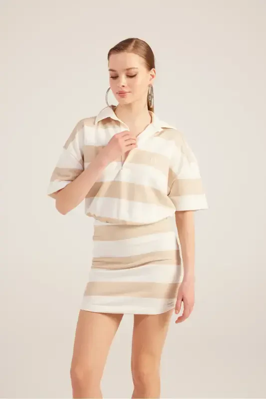 Polo Collar Striped Mini Pamela Dress Beige-Beige - 4
