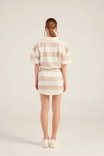 Polo Collar Striped Mini Pamela Dress Beige-Beige - 5