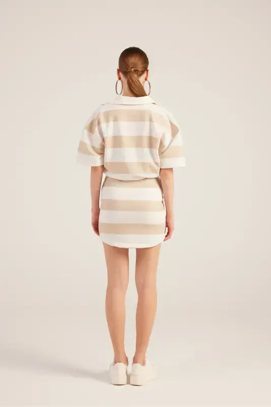 Polo Collar Striped Mini Pamela Dress Beige-Beige - 5
