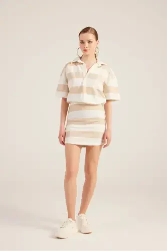 Polo Collar Striped Mini Pamela Dress Beige-Beige - 7