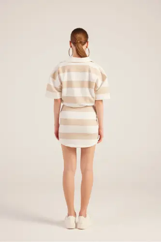Polo Collar Striped Mini Pamela Dress Beige-Beige - 6