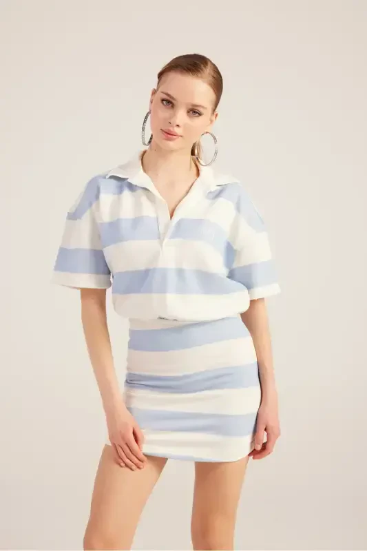 Polo Collar Striped Mini Pamela Dress Blue-Blue - 2