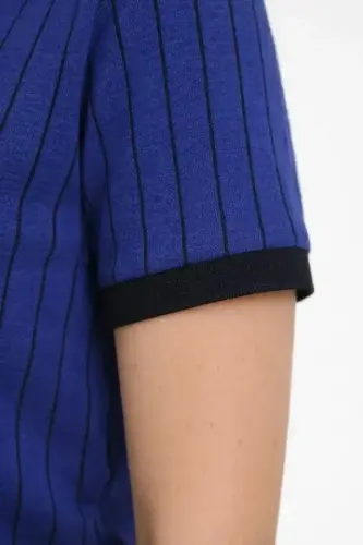 Polo Collar Striped T-Shirt Short Sleeve Buttoned Summer T-Shirt - Royal Blue - 4