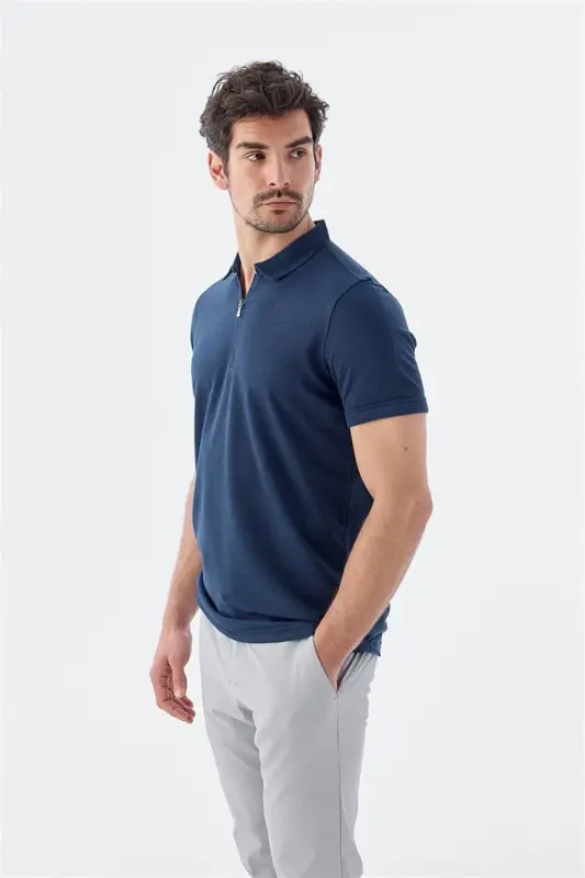 Поло-футболка с застежкой-молнией индиго, slim fit - 1