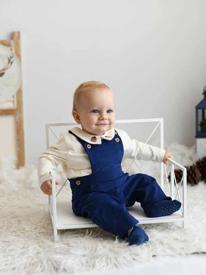 Polo Neck Long Sleeve Baby Boy T-Shirt and Dungarees 2 Piece Set - 13